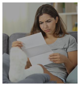 injured woman reading paperwork looking confused