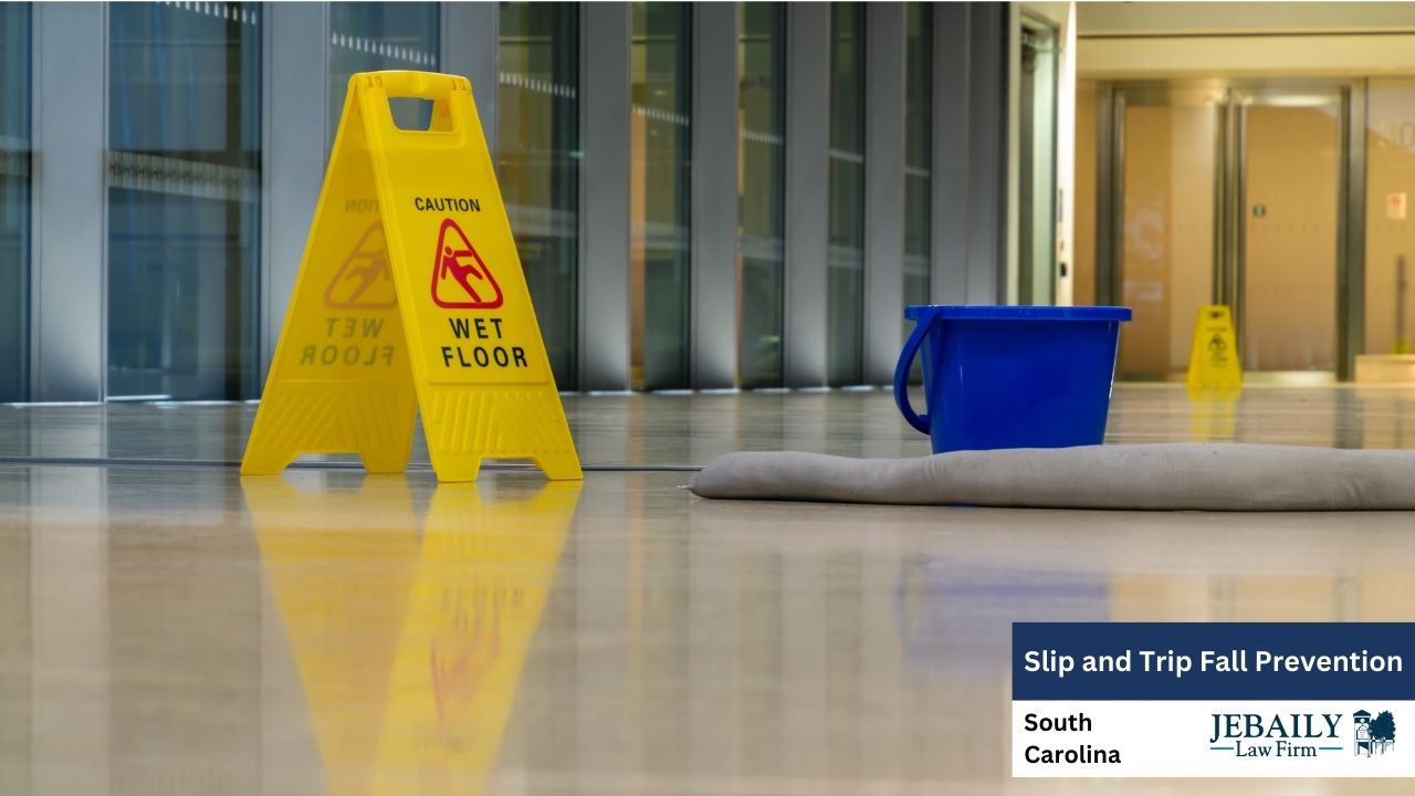 A caution sign warns of a wet floor in a modern building, with cleaning supplies nearby, illustrating a common slip and trip hazard.