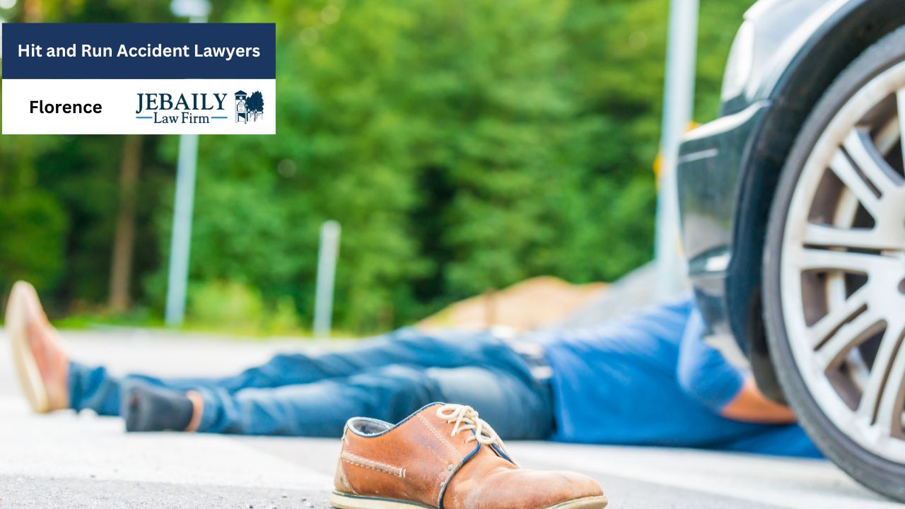 A person is lying on the ground next to a car, indicating a potential accident scenario. The image is associated with Hit and Run Accident Lawyers from the law firm Jebaily in Florence.