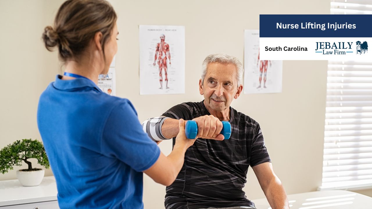 The man is seated, wearing a dark gray/blue t-shirt. His arm, bandaged with a brace on his forearm, is holding a pair of light blue dumbbells. The nurse, a light-skinned woman with shoulder-length brown hair in a bun, is wearing a royal/indigo blue collared shirt. She is assisting the man in lifting the dumbbells.