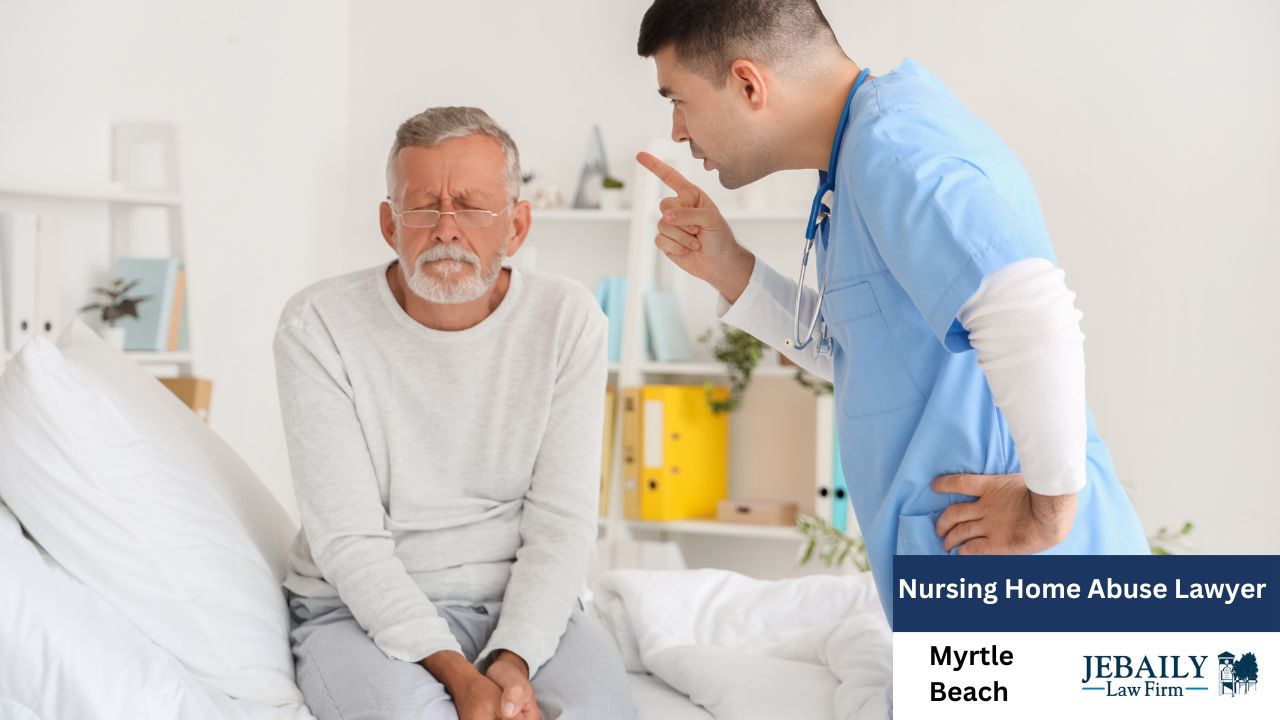 The image shows a tense moment in a nursing home: a frail elderly man sits on a bed, looking distressed or fearful.