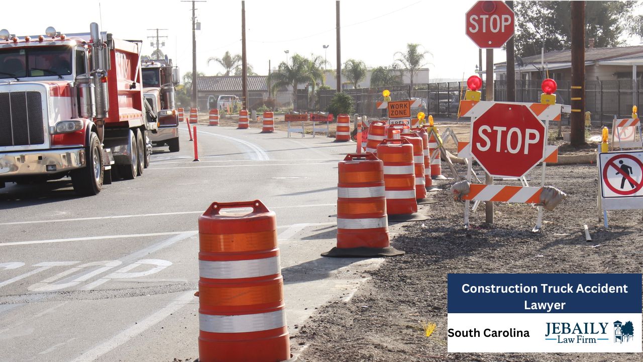 The image depicts a construction scene featuring a partially obstructed roadway.