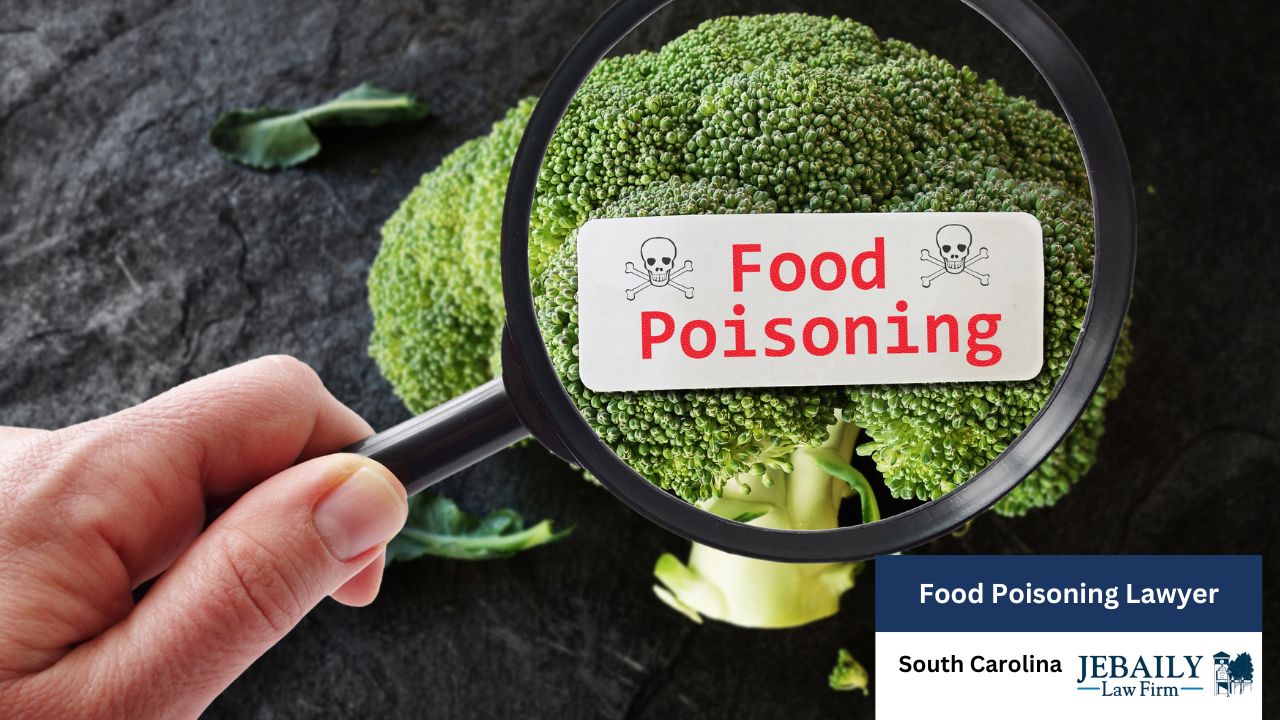 A person holds a green vegetable, likely broccoli. The content highlights food poisoning and legal aid from South Carolina's JEBAILY law firm, with tags on vegetables and food issues.