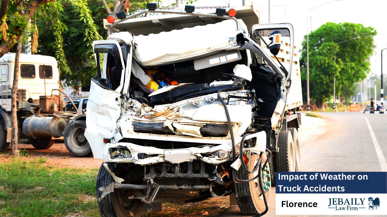 The truck is in a state of significant damage, with the front end, cab, and cargo area extensively mangled and crushed. Parts of the truck's structure are visibly deformed and broken. Debris and scattered items are present around the wreckage.