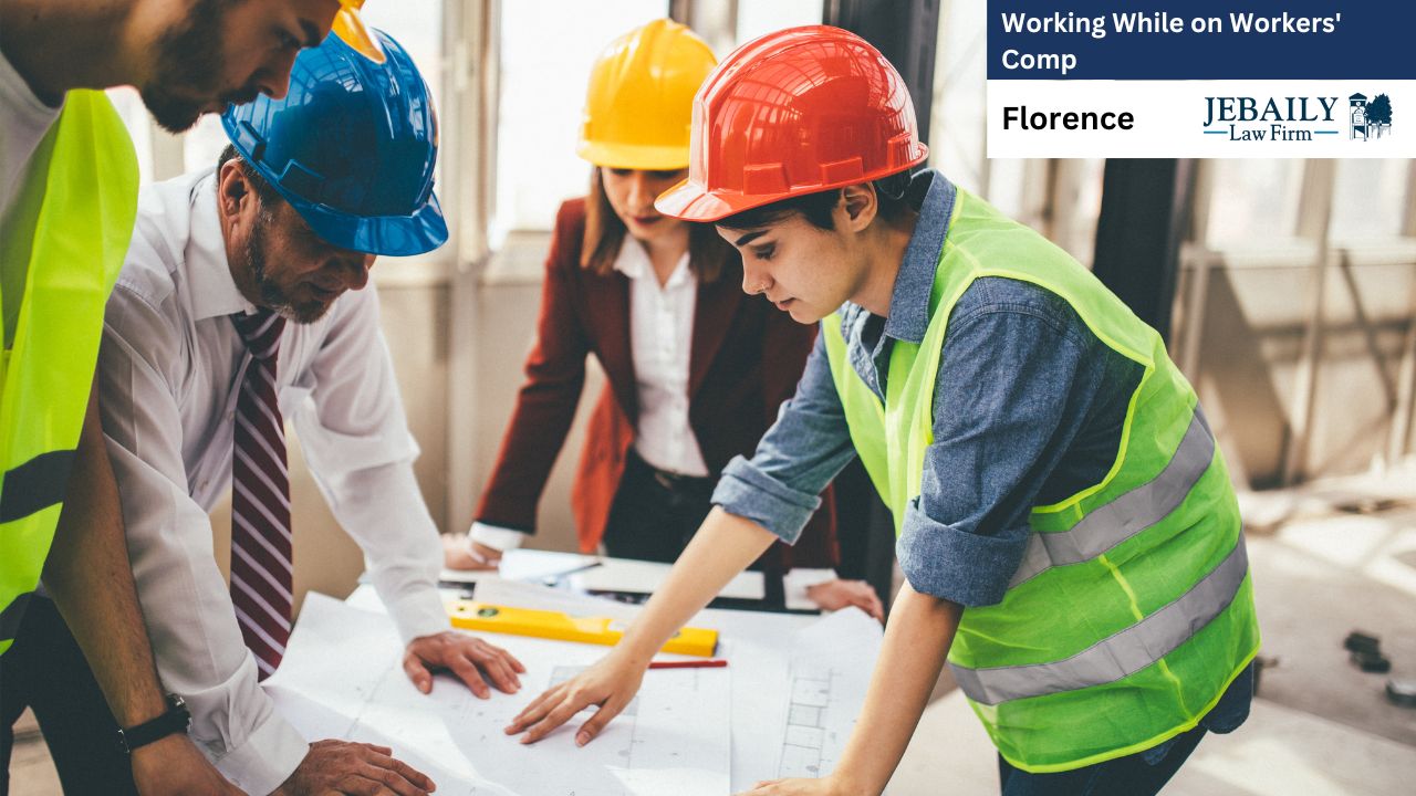 In the foreground, three people are gathered around a large table covered with blueprints and other construction plans.