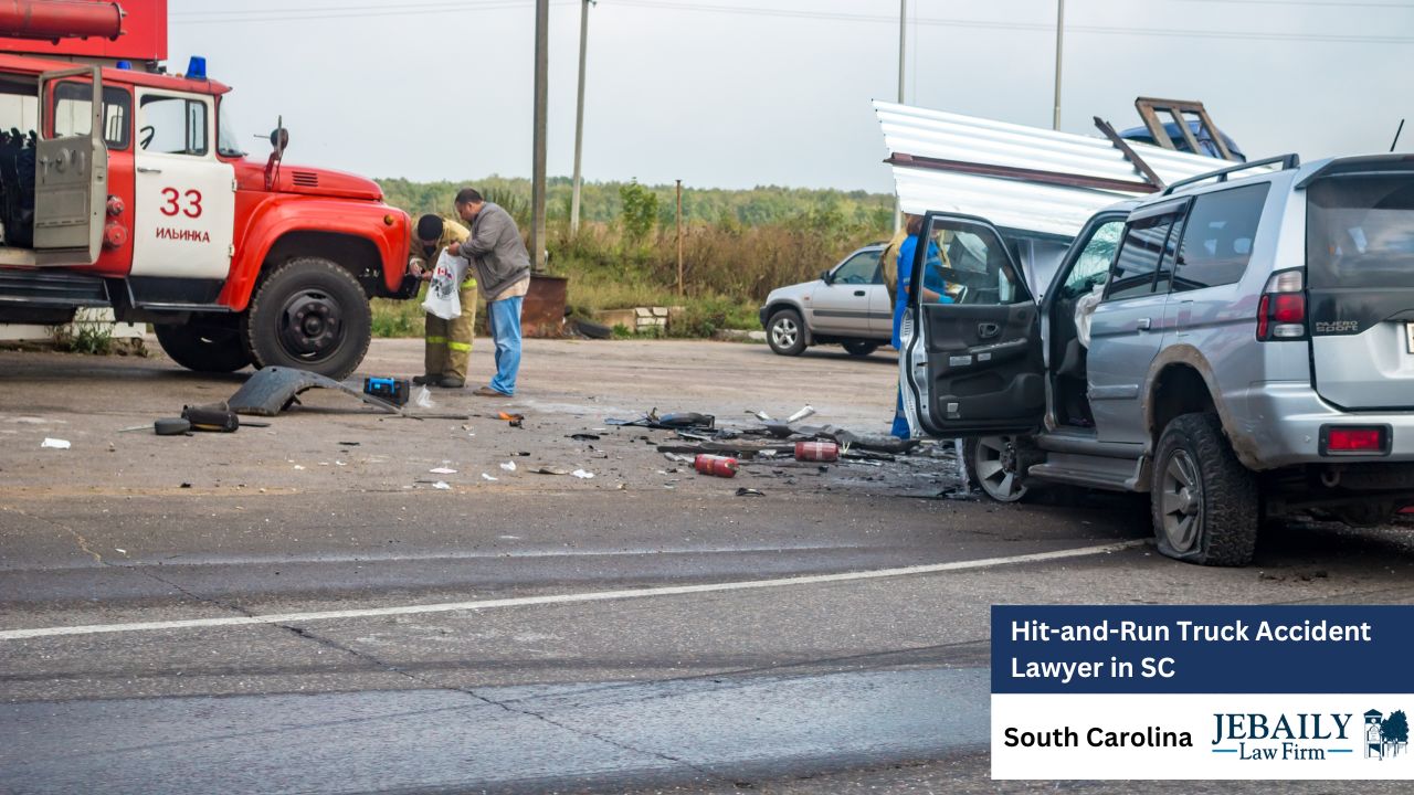 A car has crashed into a truck, resulting in a hit-and-run accident. This incident has prompted involvement from a law firm in South Carolina, specifically Jebailey Law Firm. The scene is on the road, featuring various vehicle-related elements such as tires and emergency services.