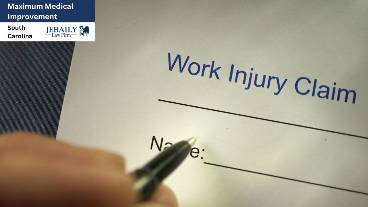 The image contains a diagram titled "Maximum Medical Improvement" associated with a law firm in South Carolina, specifically JEBAILY Law Firm. It appears to focus on work injury claims. The design may include elements related to legal processes and medical recovery, likely intended for informational or educational purposes.