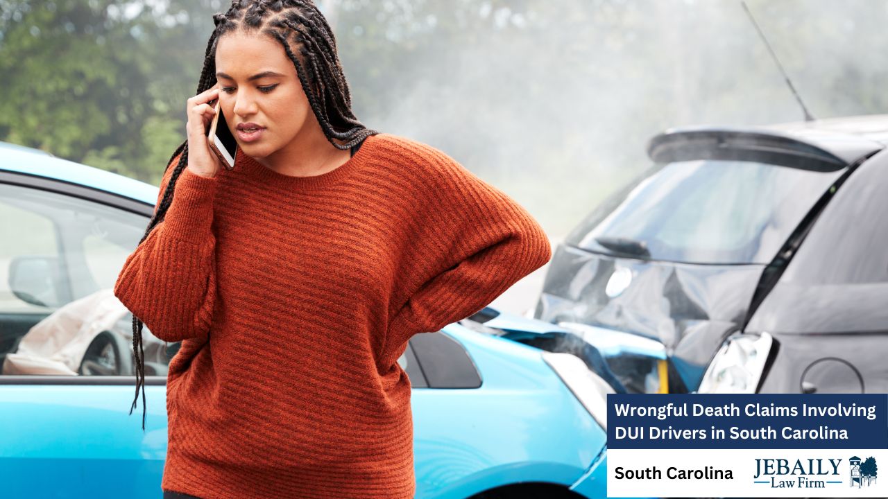 A concerned woman stands near two crashed cars, one smoking. The tense scene suggests a DUI-related crash with possible wrongful death and legal consequences.