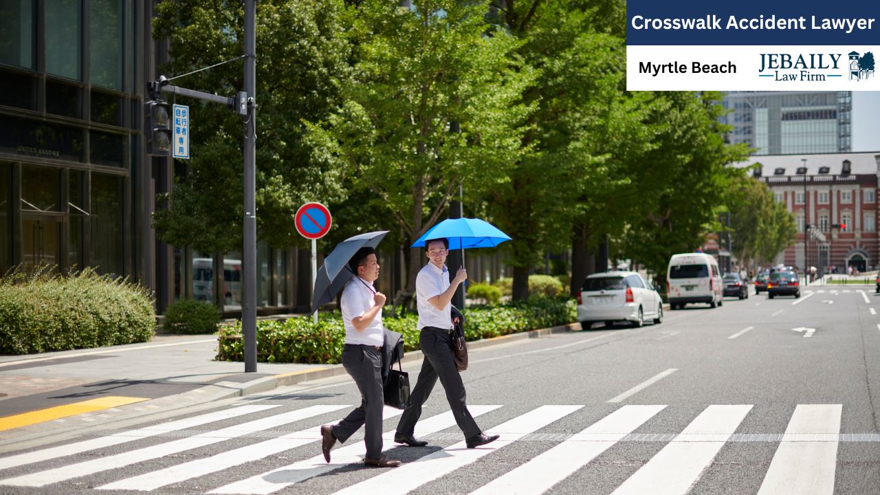 Two businessmen, each carrying a briefcase and using an umbrella, confidently cross a city street in a crosswalk on a sunny day.
