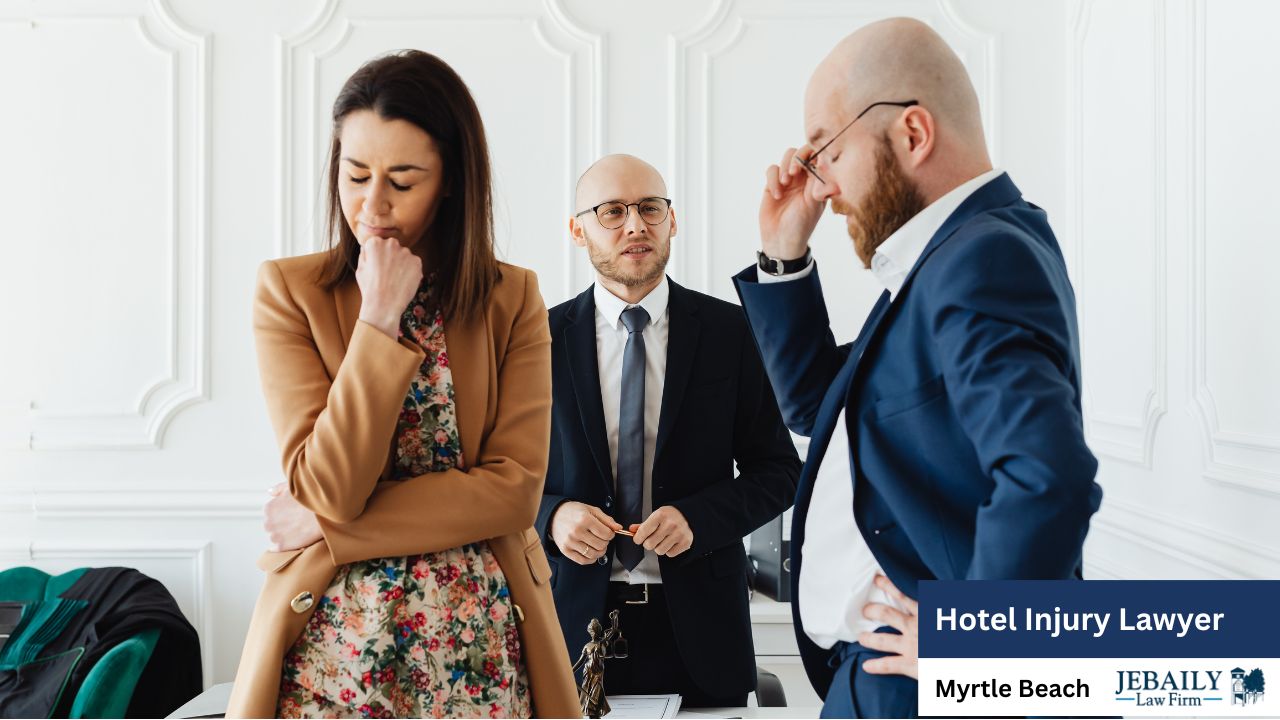 A woman and two men, possibly lawyers and a client, stand in a law office, appearing concerned and distressed, suggesting a serious legal matter.