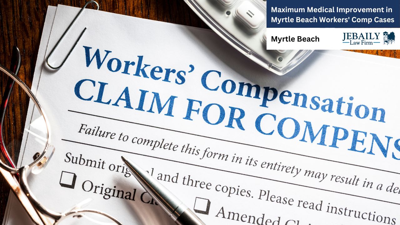A close-up shot shows a workers' compensation claim form, along with a pen and glasses, emphasizing the bureaucratic process of filing for compensation.