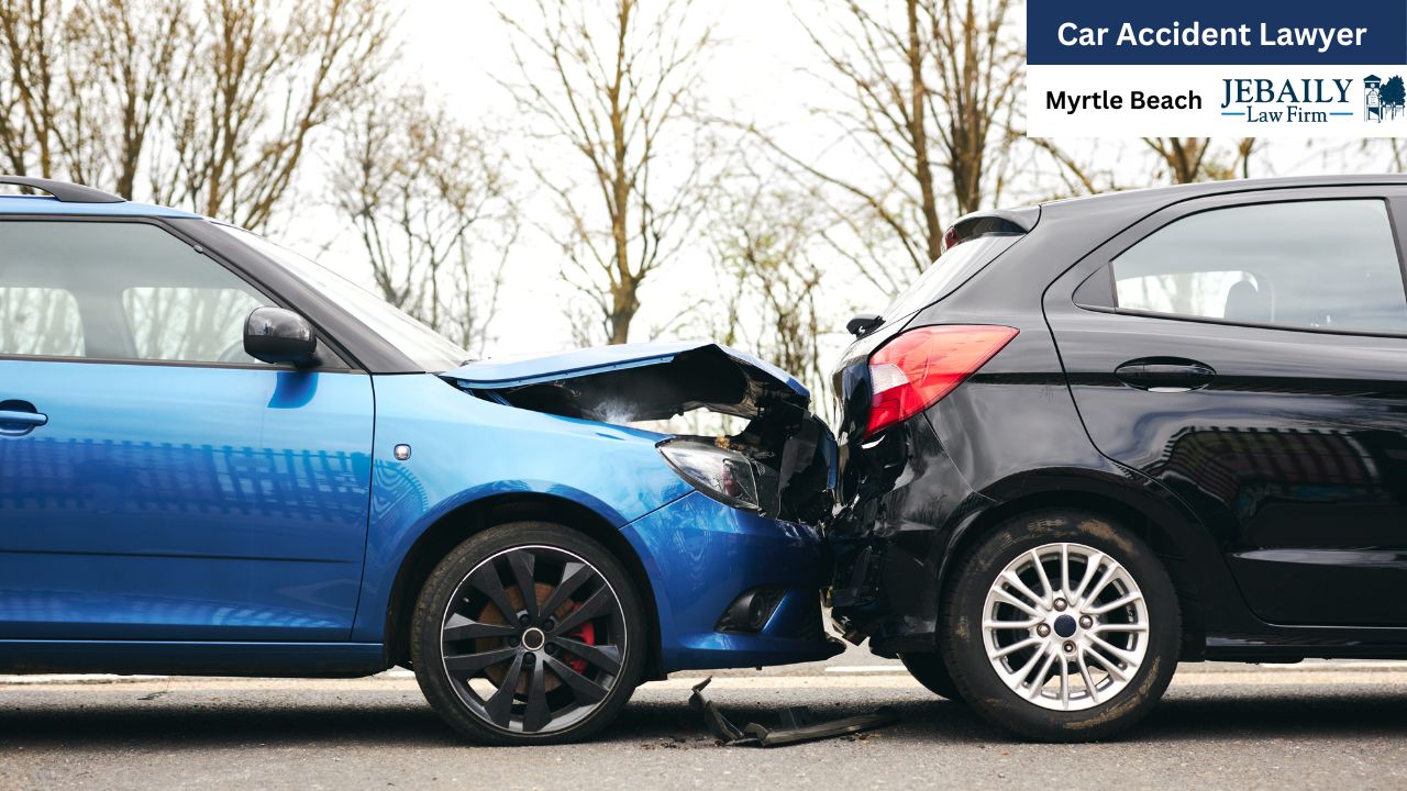 Two cars are shown in a collision, with significant damage to the front end of a blue car and the side of a black car, suggesting a car accident.