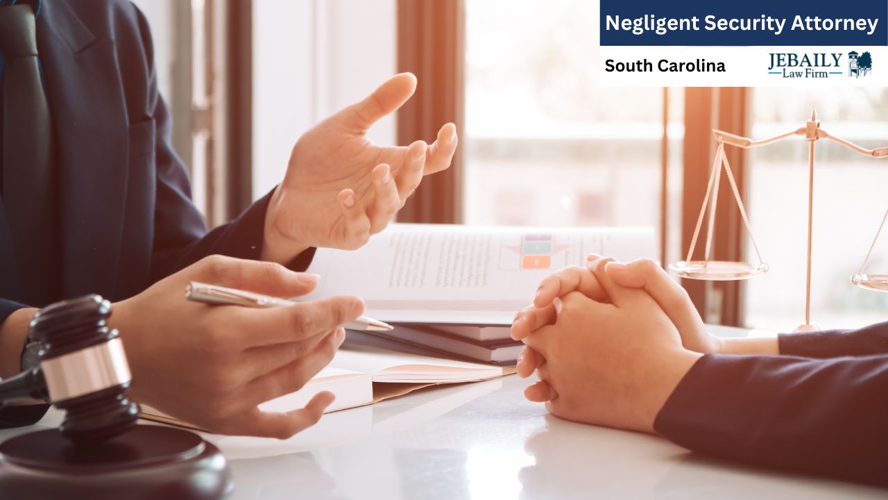 A group of people is sitting at a table, likely engaged in a discussion or meeting. The context suggests they are associated with Jebaily Law Firm, specializing in negligent security cases in South Carolina. The setting appears to be indoors.