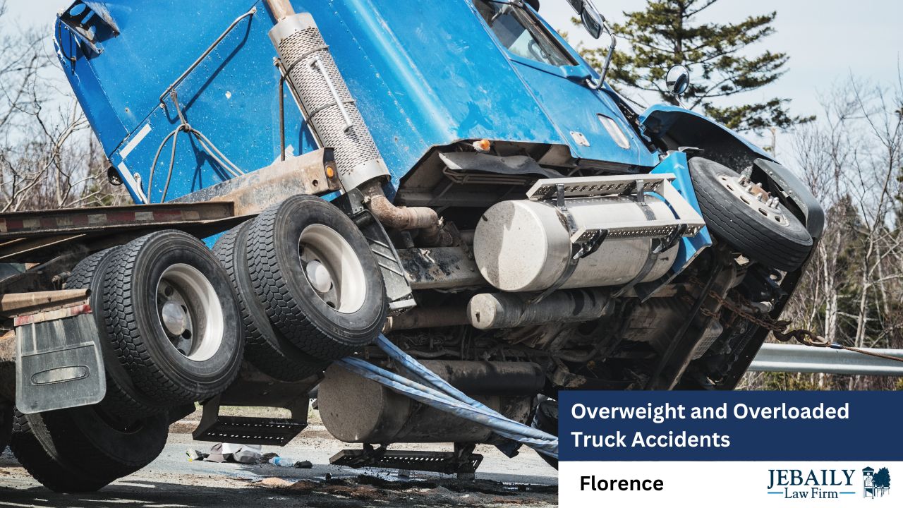 A large, gray fuel tank is partially visible. The truck appears to be damaged, suggesting it was involved in an accident. In the background, trees and a partly cloudy sky are visible, contributing to a somewhat somber atmosphere.