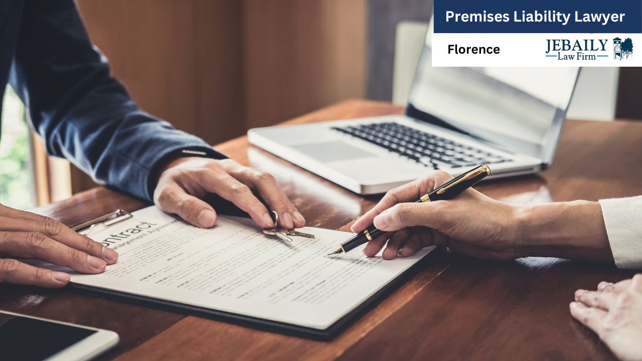 A person is signing a document in an office setting, likely related to their work as a premises liability lawyer at the Florence JEBAILY Law Firm. The image includes office supplies and equipment, with a laptop and desk visible, indicating an environment focused on professional tasks and learning.