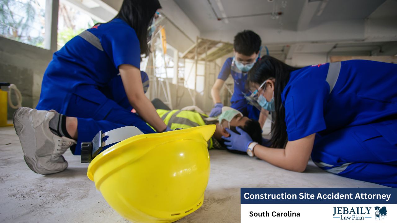 The image depicts a construction worker receiving emergency first aid from two other individuals at a construction site, highlighting the potential dangers of the profession.