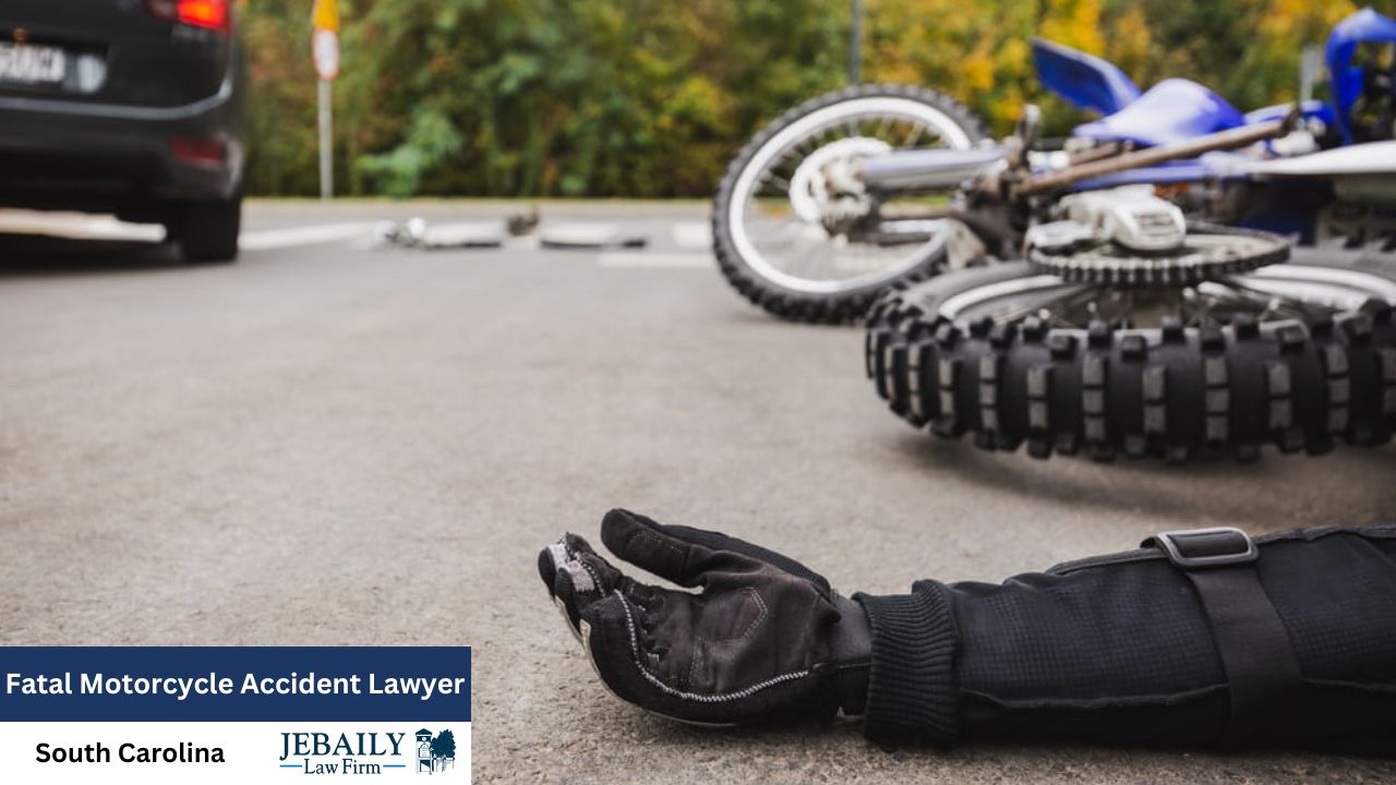 The image depicts the aftermath of a fatal motorcycle accident, showing a motorcyclist's glove and arm lying on the ground near a wrecked motorcycle and a blurred car.