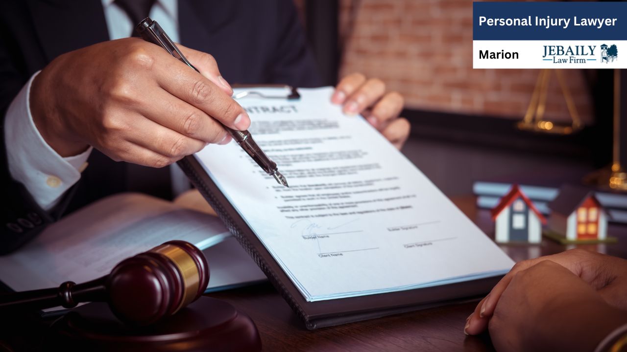 The image shows a close-up view of a lawyer's hands holding a fountain pen, pointing to a legal contract resting on a clipboard. The contract is open, showing blank signature lines at the bottom and legal text throughout.