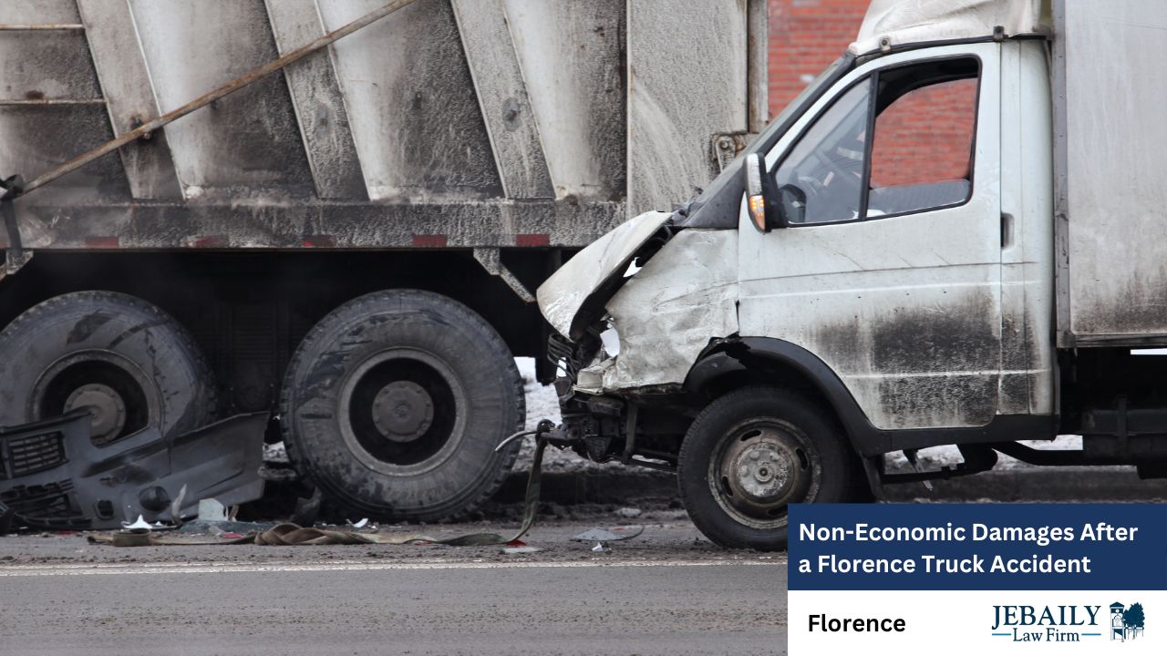The image depicts a wrecked truck featuring a broken front end. It is related to non-economic damages following a truck accident in Florence, as referenced by the law firm Jebailey.