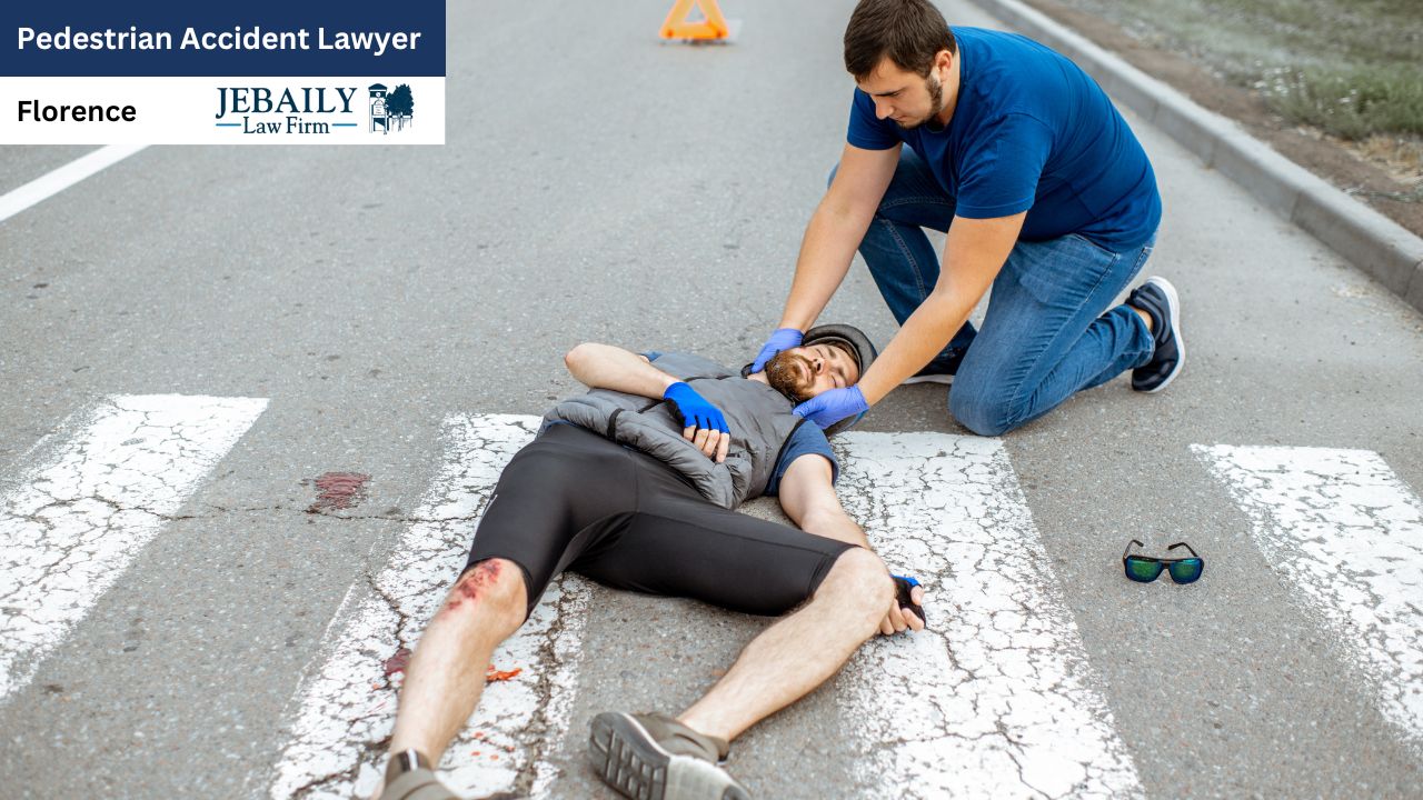 The image shows a man lying on a crosswalk on a street. He is wearing dark-colored cycling apparel including shorts, a dark gray vest, and a cycling helmet. His legs are spread apart, and his arms are by his sides. There are visible scrapes and blood on his leg, suggesting he has suffered injuries. A pair of sunglasses lies on the asphalt several feet away from the injured man.