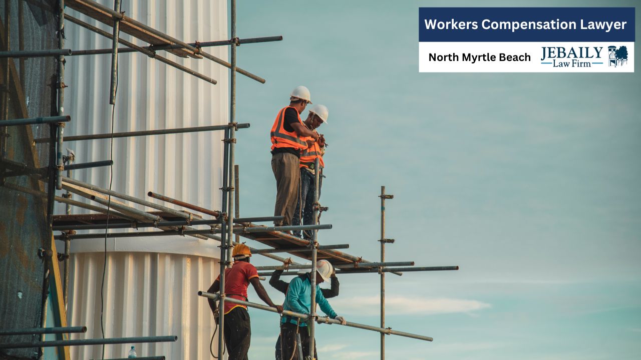 Four construction workers in hard hats and safety vests collaborate on a high scaffolding structure against a serene light-blue sky.