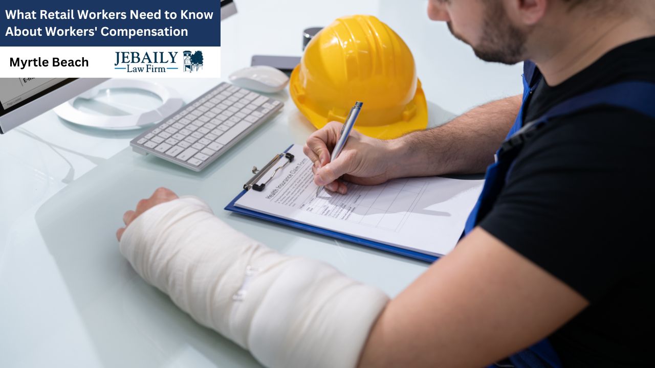 A construction worker with a bandaged arm fills out a health insurance claim form at his desk, suggesting a workplace injury and the process of seeking workers' compensation.