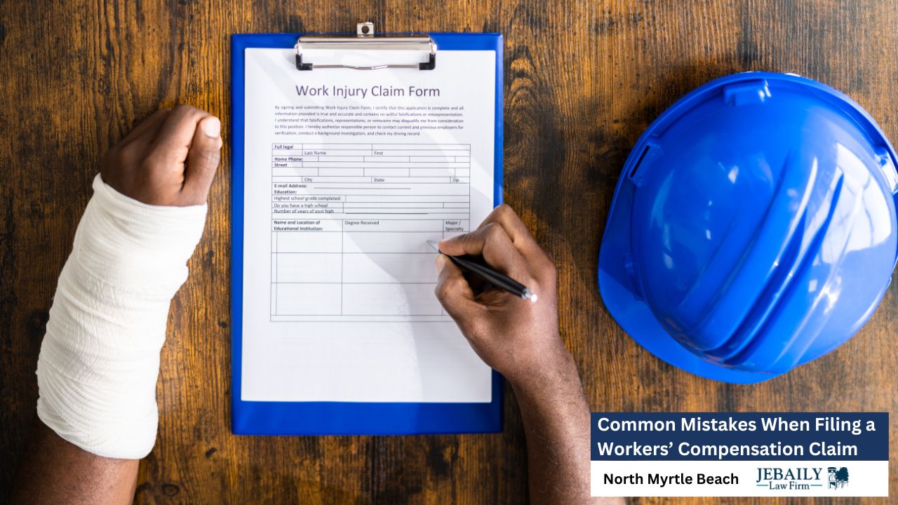A person with a broken arm fills out a work injury claim form, next to a hard hat, suggesting a workplace accident and the subsequent claim process.
