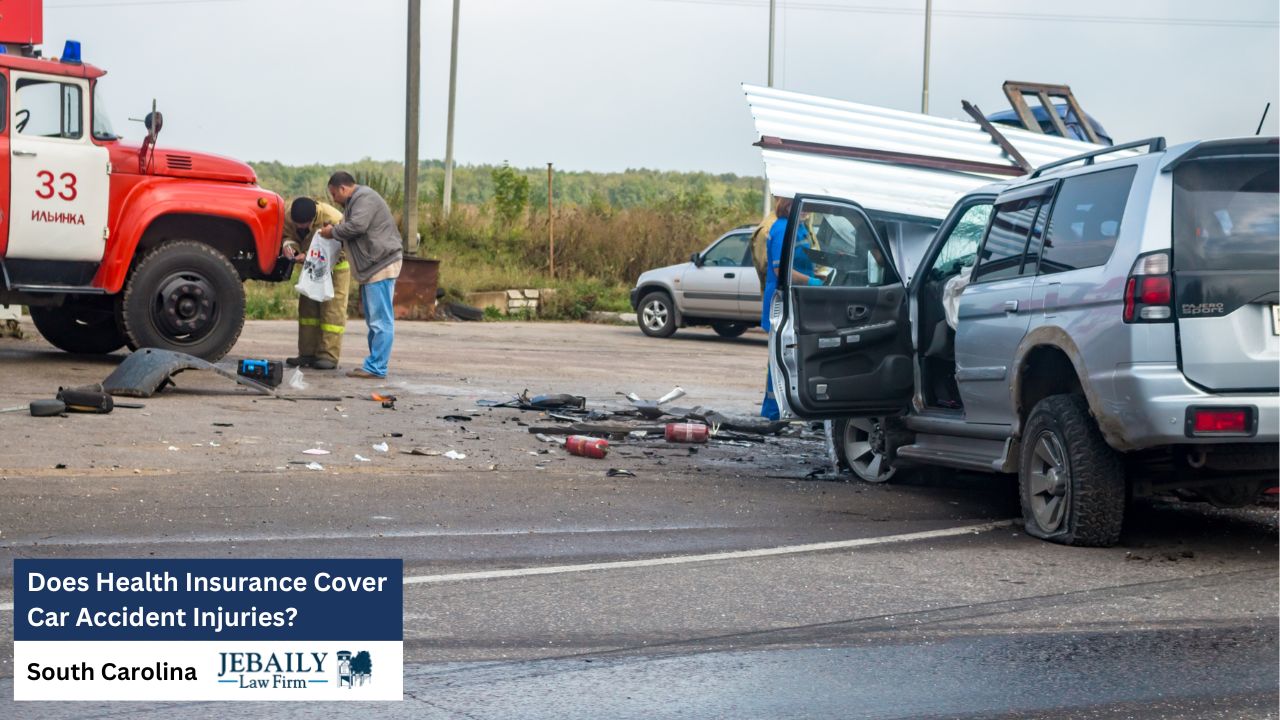 The photograph depicts the aftermath of a serious car accident, showing significant vehicle damage, emergency personnel assessing the scene, and debris scattered across the roadway.