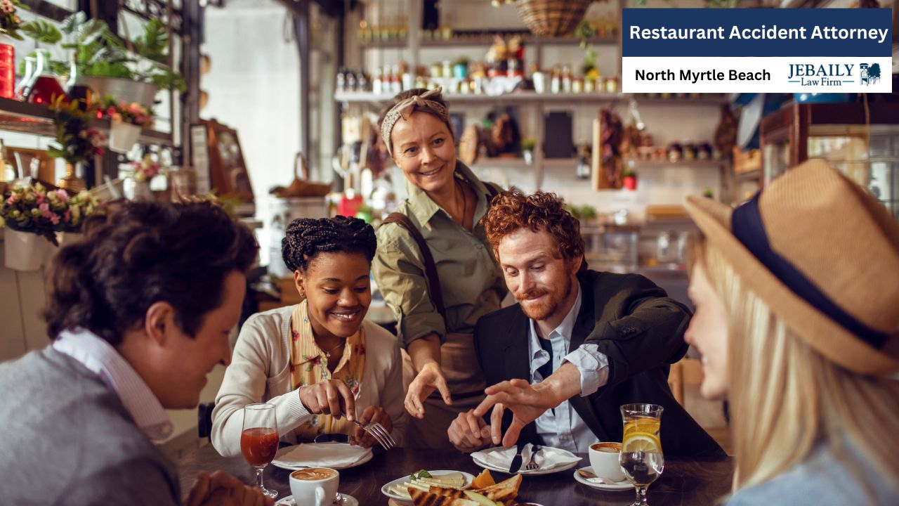 A group of friends enjoy a meal together at a charming cafe, with a friendly waitress attending to their needs, creating a warm and inviting atmosphere.