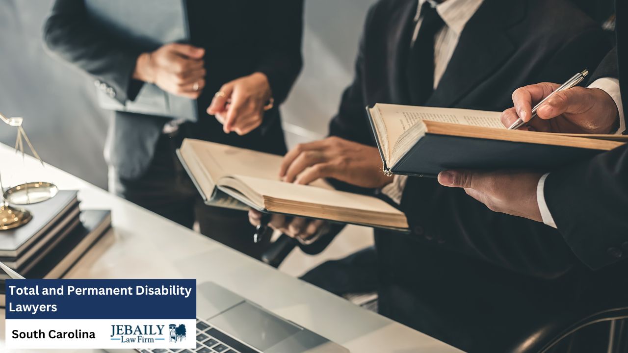 The photograph depicts a group of lawyers in South Carolina, engrossed in legal books and documents, suggesting collaborative work on a case related to total and permanent disability.