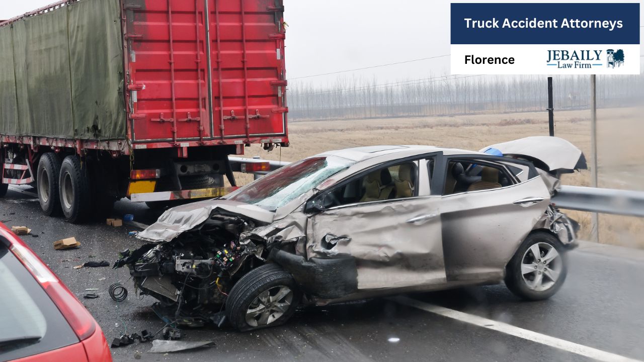 The photograph depicts the aftermath of a serious car accident involving a passenger car and a large truck, showcasing significant damage to the smaller vehicle.