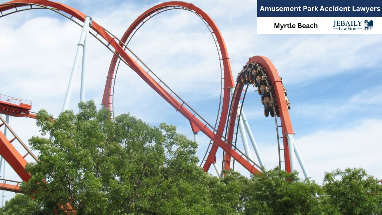 The image shows a section of a roller coaster, with a train of passengers upside down, partially obscured by trees, and juxtaposed against a bright, sunny sky, suggesting a possible accident or malfunction.