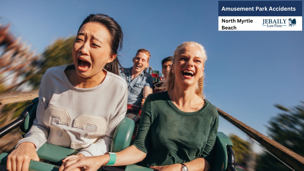 A group of friends experiences contrasting reactions—terror and exhilaration—while riding a roller coaster on a sunny day at an amusement park.