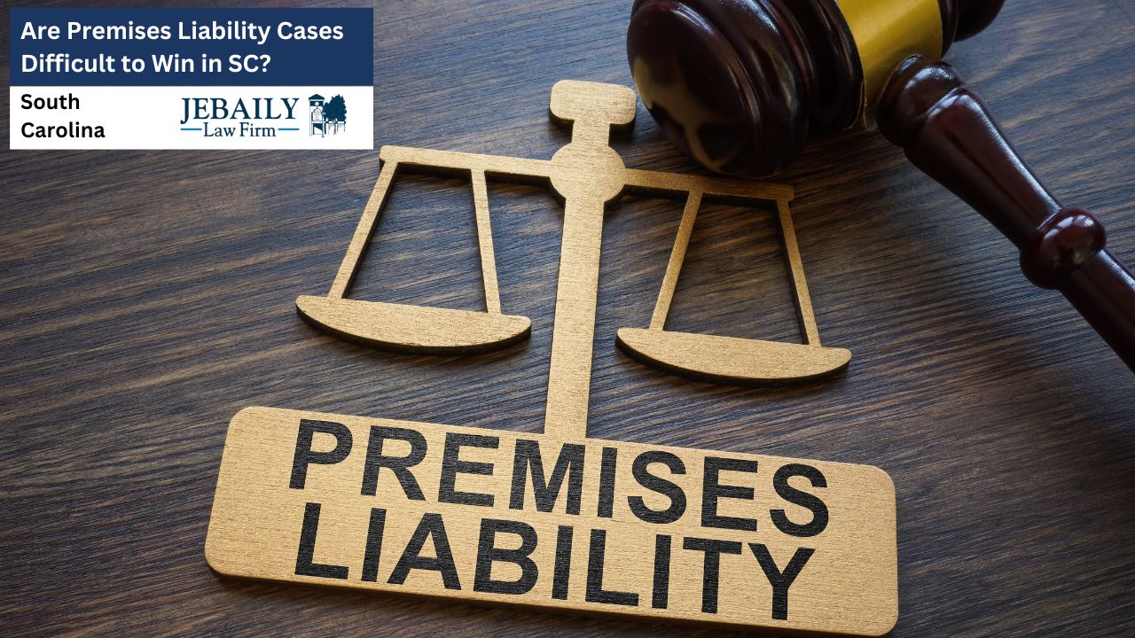 The image depicts a legal concept centered on premises liability through a symbolic arrangement of scales, a gavel, and a sign, suggesting the balance and judicial consideration involved in such cases.