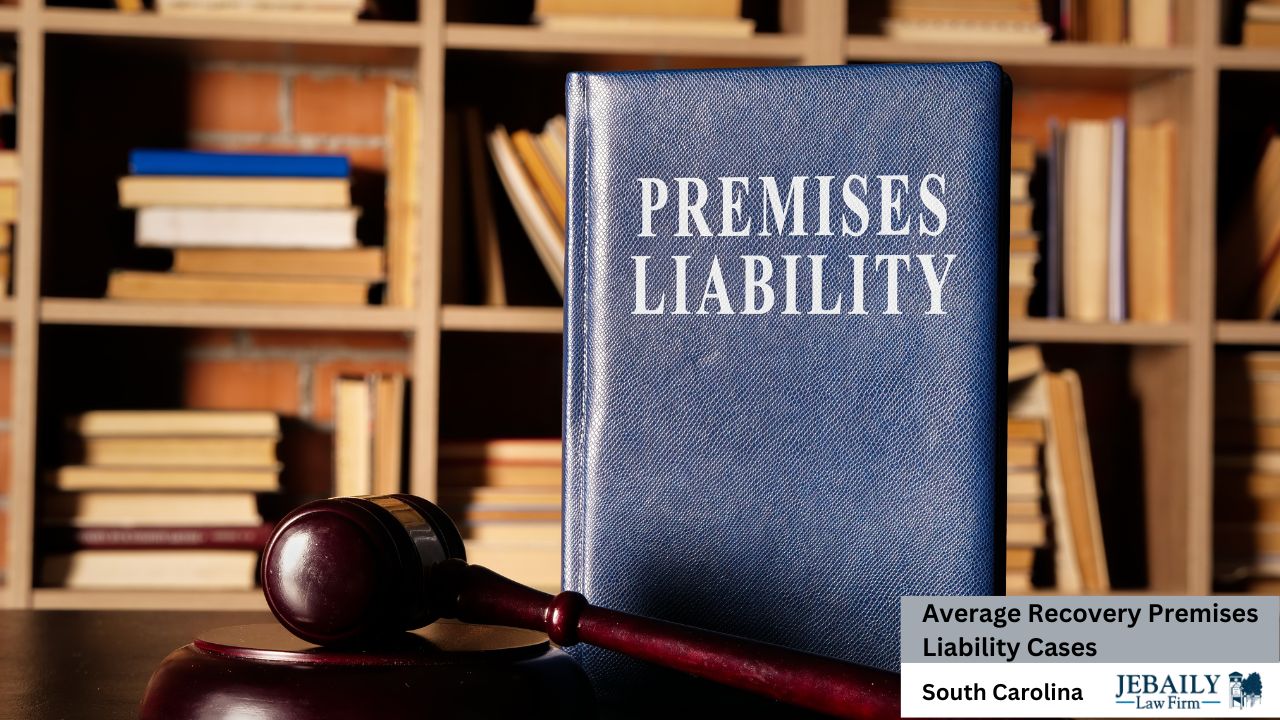 The image depicts a dark-blue book titled "Premises Liability" resting on a table next to a judge's gavel, set against a blurred background of bookshelves filled with numerous books, creating a serious and formal atmosphere suggestive of legal matters.
