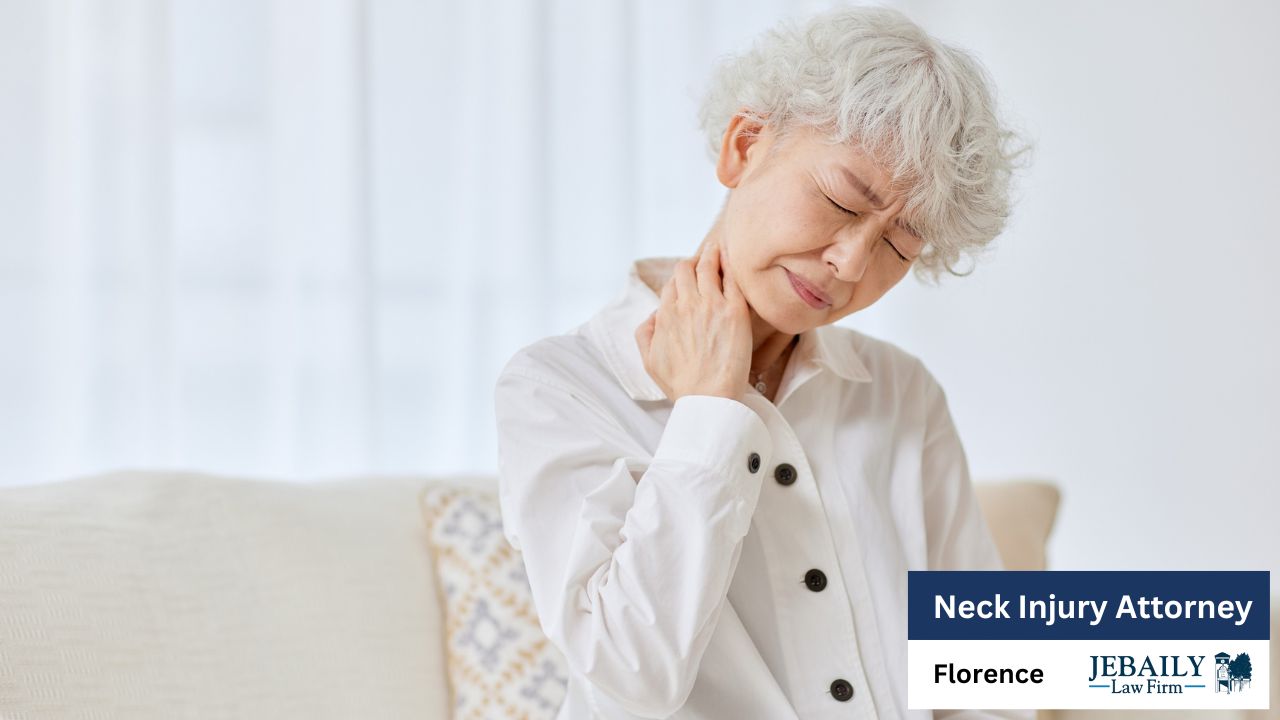 An elderly woman with short, gray, curly hair sits on a light beige couch, clutching her neck in apparent pain, suggesting neck injury.