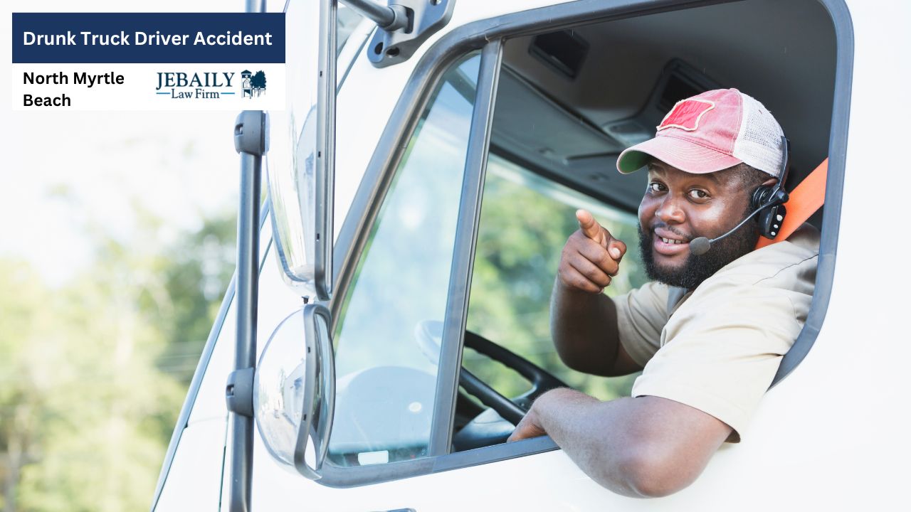 A cheerful, dark-skinned male truck driver, wearing a headset and baseball cap, points directly at the viewer from inside his truck cab, seemingly promoting the services of a North Myrtle Beach law firm specializing in drunk driving accidents.