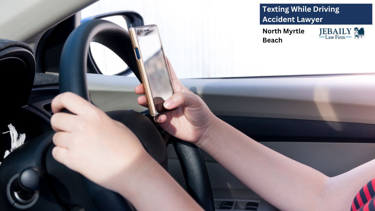 The image shows a person dangerously texting while driving, highlighting the risks of distracted driving.