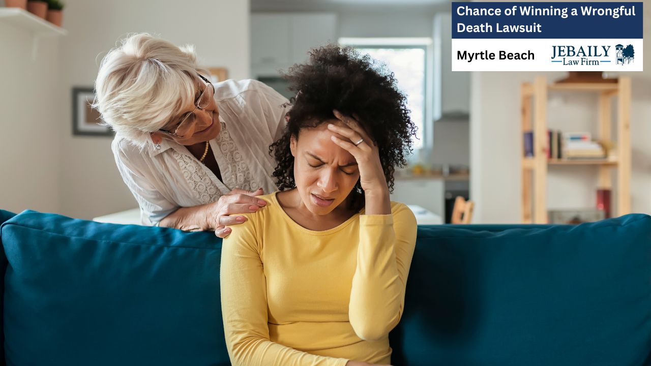A stressed woman is comforted by an older woman in a living room setting, against the backdrop of an advertisement for a wrongful death lawsuit.