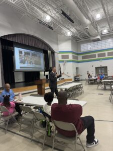 George Jebaily Speaking in the Cafetorium at Delmae Heights Elementary for Delmae Dads Breakfast