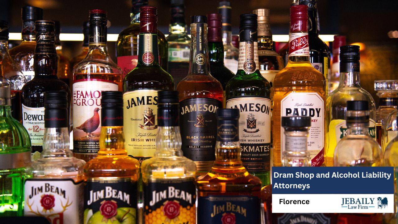 The picture showcases a crowded bar shelf filled with various brands of whiskey and alcohol bottles, promoting legal services for alcohol-related liabilities.
