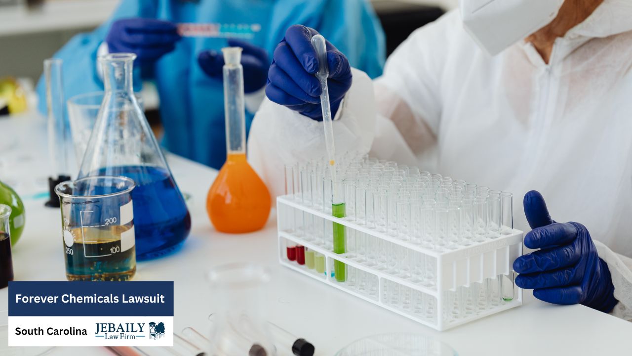 Two scientists in protective gear are working meticulously in a laboratory setting, conducting experiments with colorful chemicals in various lab containers.