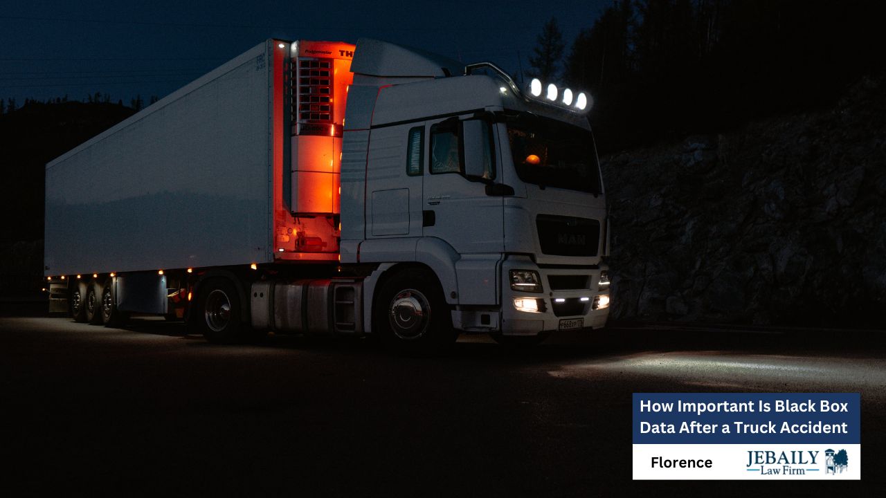 A semi-truck with its lights on sits on a road at night, partially illuminated against a dark background.