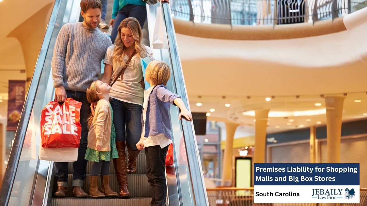 A family is riding an escalator in a brightly lit shopping mall, with shopping bags indicating they've been taking advantage of sales.