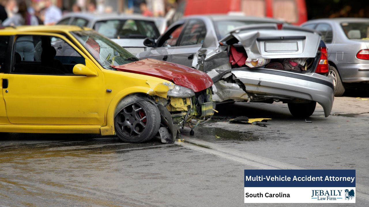 The image depicts a multi-vehicle car accident scene on a city street, with visible damage to the involved cars.