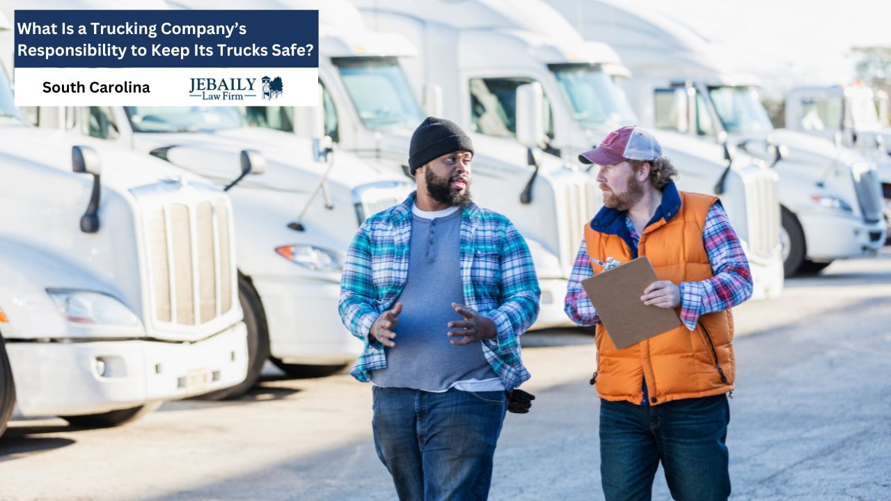 Two men in work attire, one gesturing as he speaks, the other holding a clipboard, stand in front of a line of white semi-trucks.