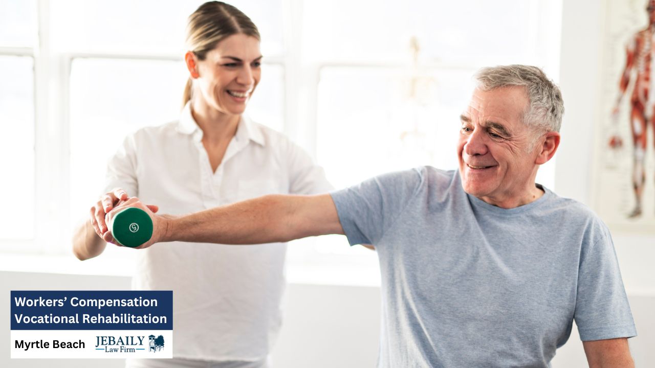 The image shows a physical therapist assisting an elderly man with a dumbbell exercise, set in a bright and hopeful rehabilitation environment.