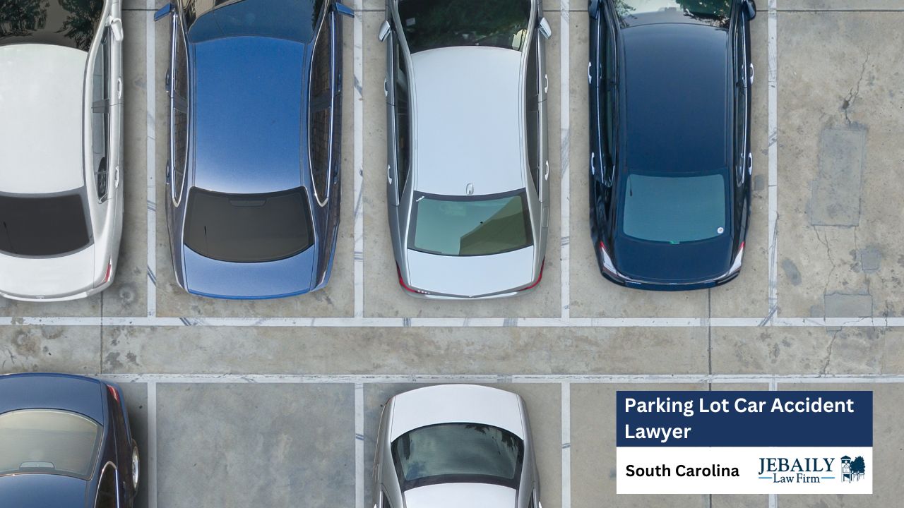 This aerial shot depicts several parked cars in a parking lot, overlaid with text advertising a parking lot car accident lawyer in South Carolina.