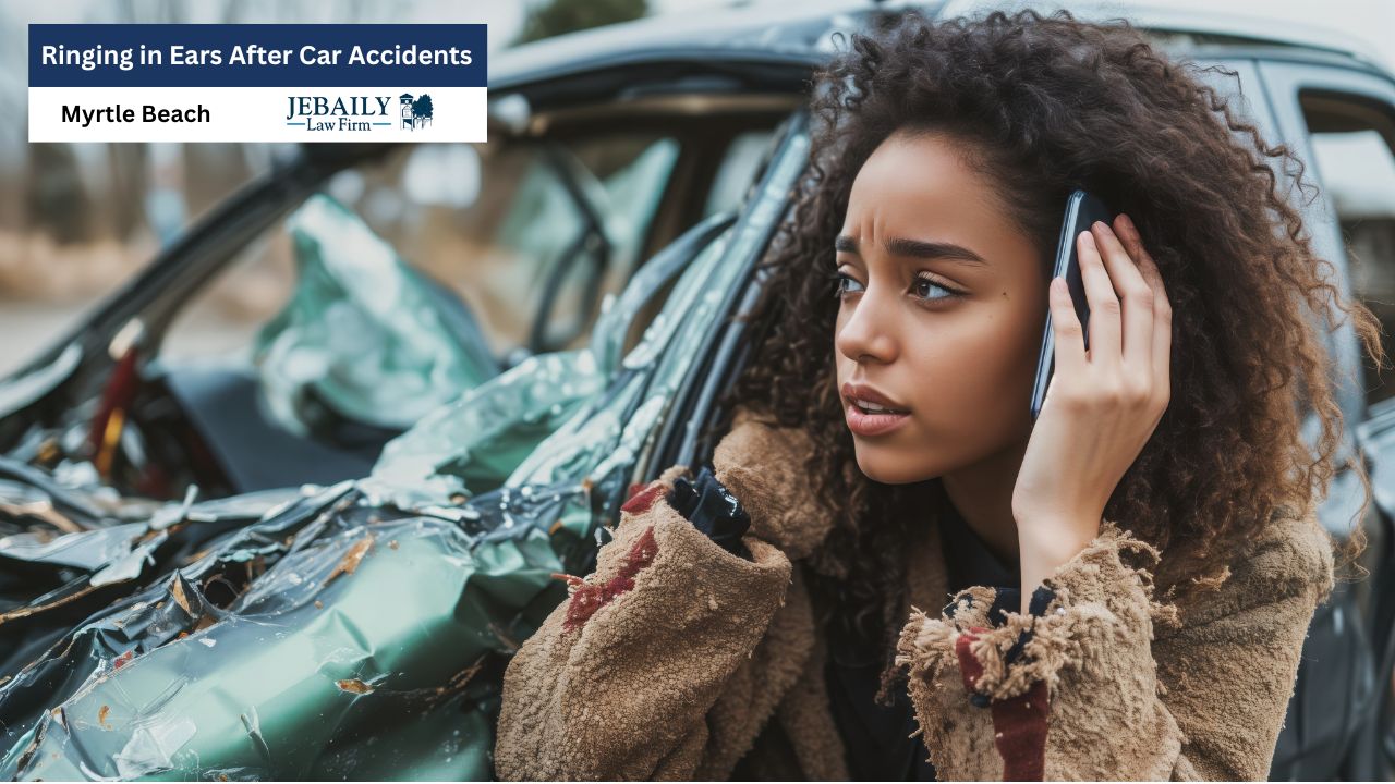 The image presents a woman making a phone call next to a wrecked car, likely after an accident.