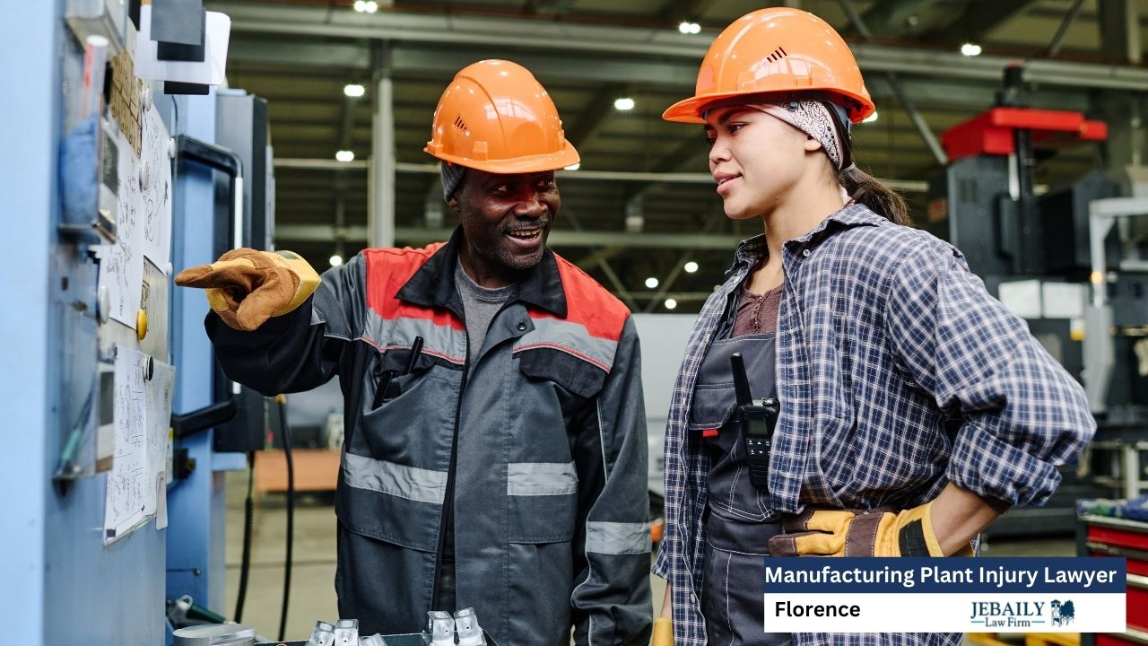 Two workers in a manufacturing plant are discussing machine schematics.
